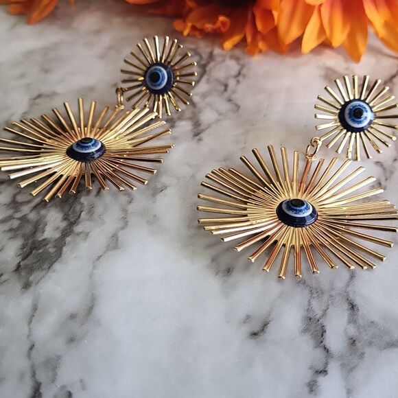 Dazzling Devil Eye Dangle Earrings Stainless Steel Gold Tone - Picture 5 of 12